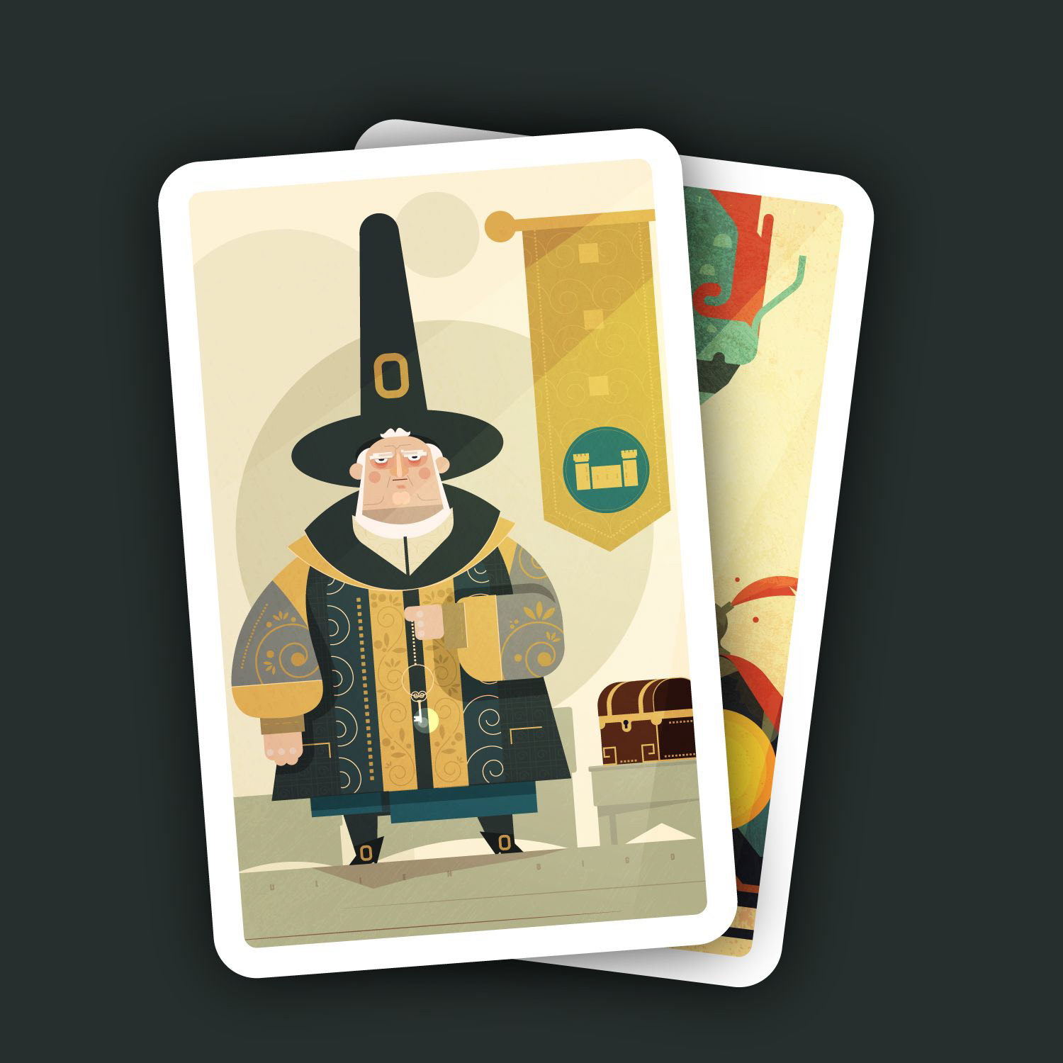 Cette illustration de style plat et géométrique présente un personnage d'intendant austère portant un chapeau haut-de-forme pointu et une robe ornée de motifs complexes. L'homme tient une clé argentée et se tient près d'un coffre au trésor en bois, sous une bannière jaune marquée d'un château. Cette image est parfaitement adaptée pour servir de carte de personnage dans un jeu de société de stratégie, d'illustration pour un livre de contes médiévaux ou d'élément visuel pour une présentation sur la gestion de patrimoine historique.

L'image en gros plan met l'accent sur les détails graphiques du visage sévère de l'intendant et sur la texture des tissus de ses vêtements de notable. On y distingue mieux les arabesques dorées et les symboles circulaires qui décorent sa tenue officielle, ainsi que le médaillon de la bannière en arrière-plan. Ce zoom est idéal pour une icône de profil d'avatar dans une interface de jeu vidéo, une infographie détaillée sur le design de personnages ou une vignette promotionnelle sur un site de portfolio d'illustrateur.