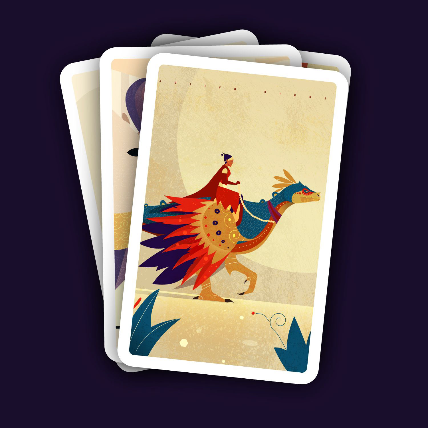 Illustration vectorielle texturée au format carte de jeu représentant une cavalière en rouge chevauchant une grande créature fantastique aviaire ou un dinosaure. La monture possède un plumage bleu et de grandes ailes aux motifs géométriques rouges et dorés sur un fond beige désertique. Ce visuel en flat design est idéal pour l'illustration de jeux de société d'aventure, la création de personnages (chara design), les couvertures de romans fantasy ou les supports de communication ludiques.