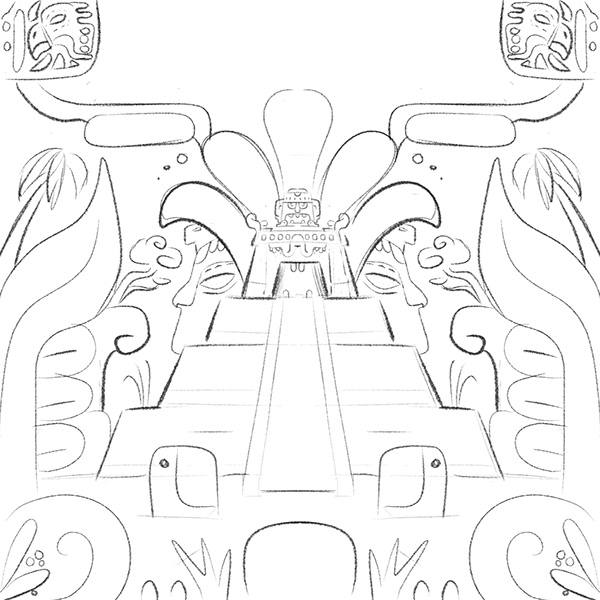 Croquis de temple pyramidal maya entouré d'une végétation stylisée pour le développement du jeu chez Helvetiq. Illustration de Julien Bigot