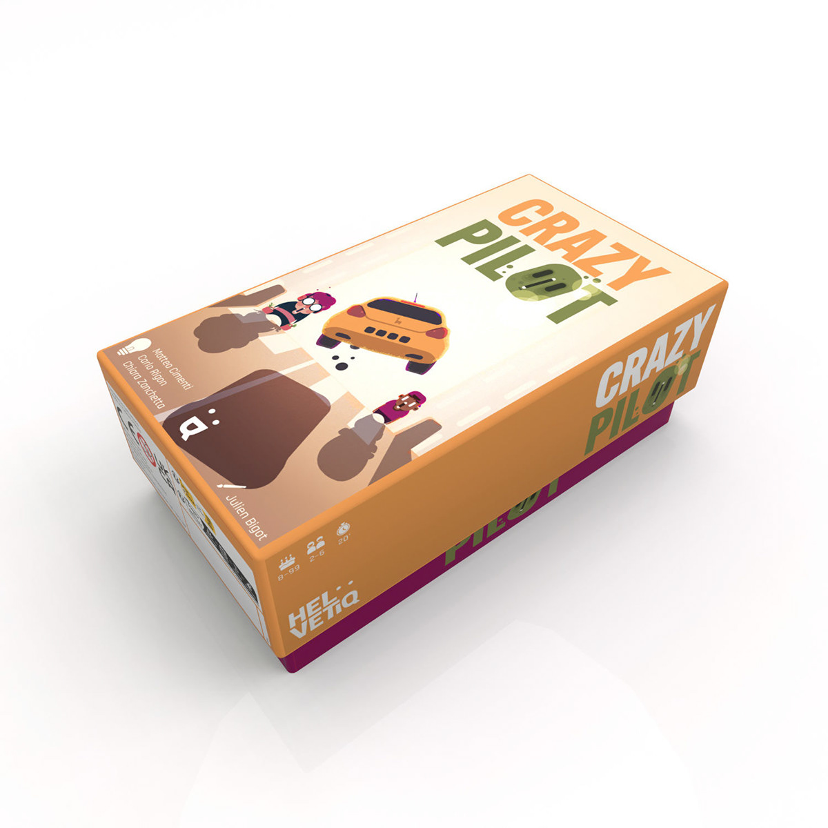 Boîte de jeu de société Crazy Pilot vue de trois-quarts sur fond blanc. L'illustration principale montre un conducteur paniqué au volant d'une voiture orange. Le style graphique est un mélange de 3D cell shading et de flat design coloré. Ce visuel est idéal pour une boutique en ligne, un catalogue de jeux ou une présentation de portfolio pour illustrer le produit fini.