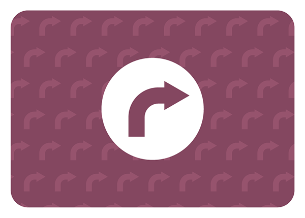 Carte graphique violette avec une répétition de flèches courbes. Le motif central blanc montre une flèche épaisse tournant vers la droite