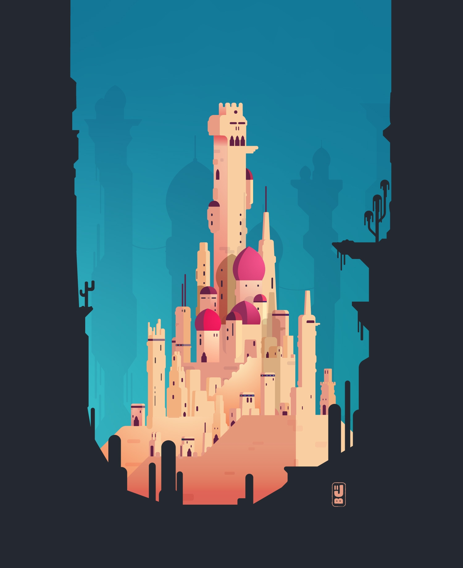 Illustration verticale en flat design d'un palais oriental beige aux toits roses se détachant sur un ciel bleu turquoise. La composition utilise une perspective atmosphérique avec des silhouettes sombres de rochers et de cactus au premier plan créant un cadre naturel. Cette image s'adapte parfaitement à une couverture de roman jeunesse ou fantasy, un arrière-plan pour un jeu mobile, une affiche décorative minimaliste ou une carte d'environnement pour un jeu de plateau.