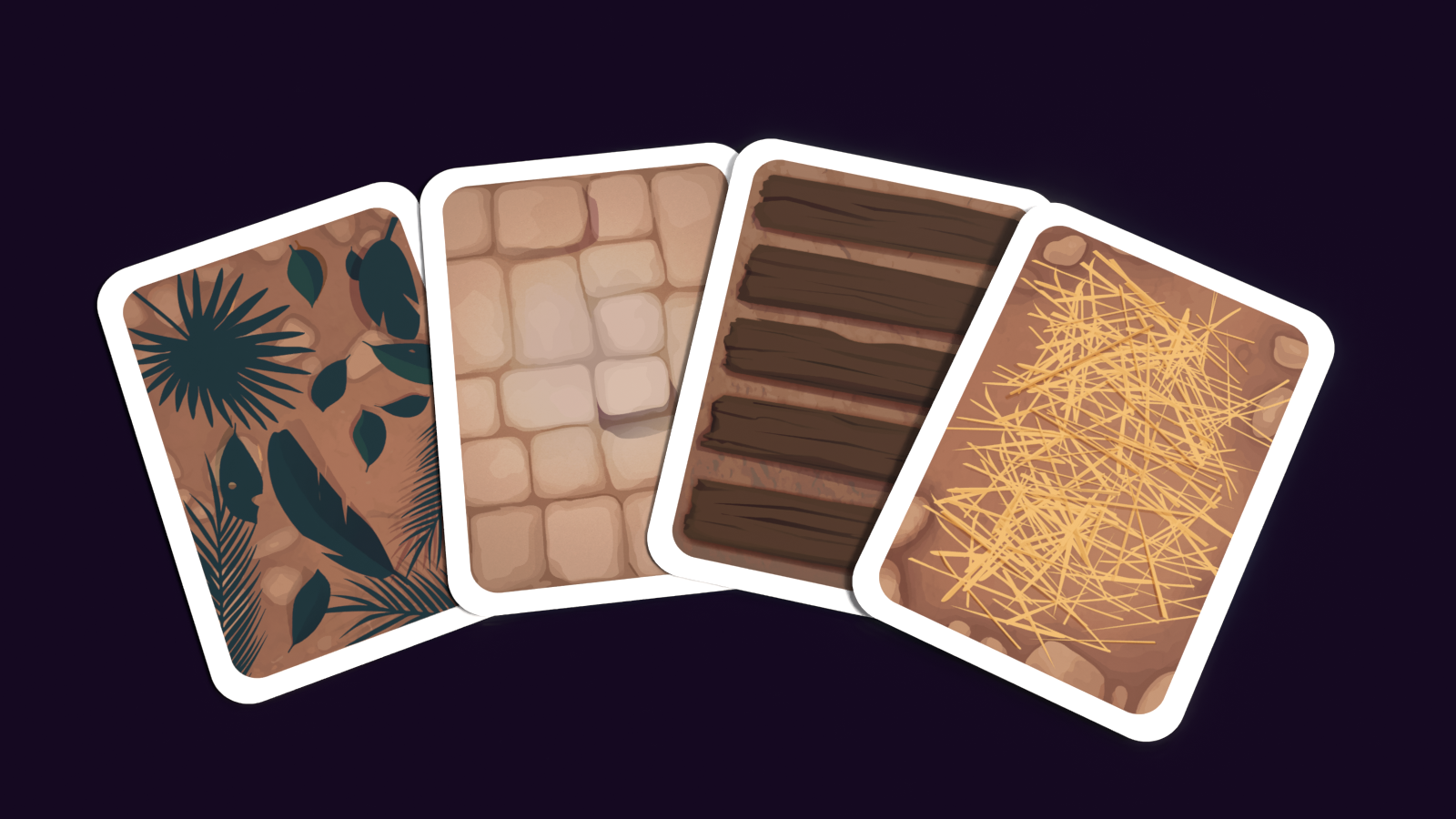 Vue en éventail des quatre tuiles de matériaux du jeu de société Yaxha (végétation, pierre, bois et paille) avec bordures blanches sur fond sombre, illustrant la cohérence graphique et le style flat design semi-réaliste de la gamme. Ce sont les premières tuiles réalisées pour Yaxha, le jeu de société d'influence Maya.