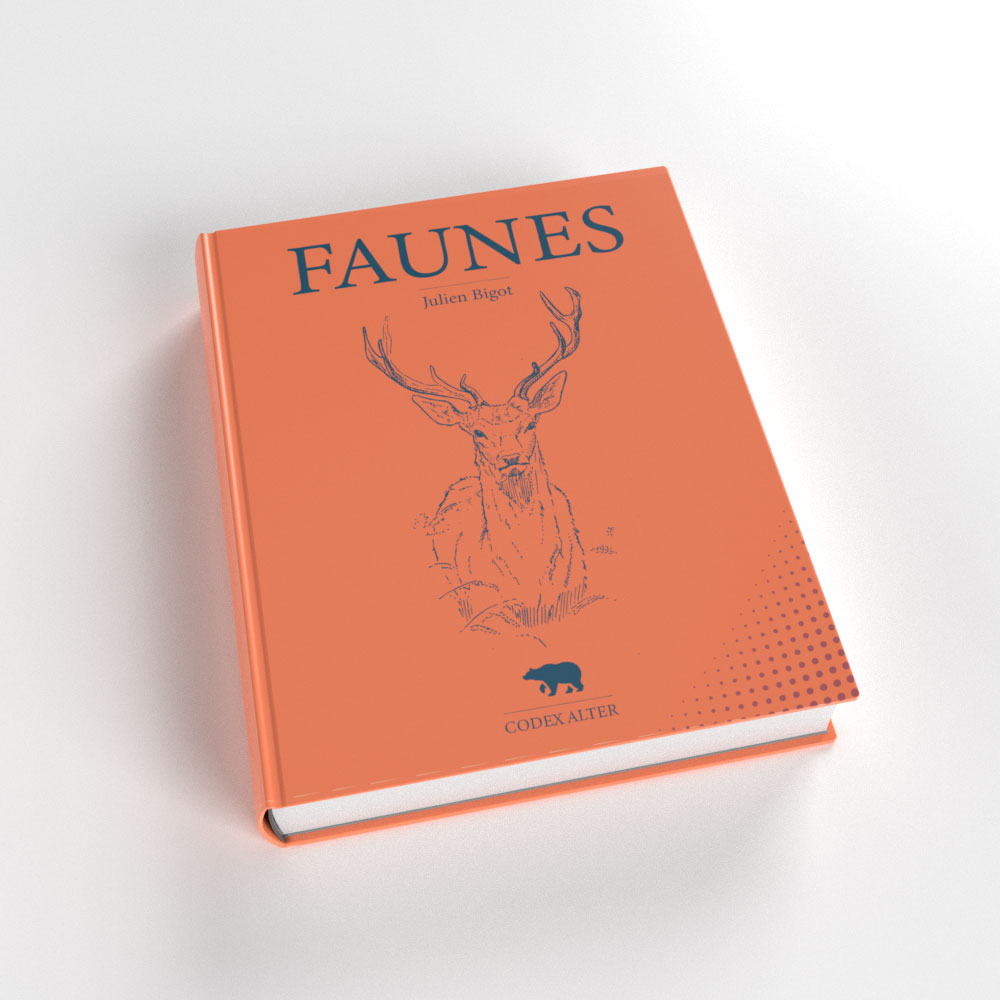A high-angle 3D visualization of a hardcover book titled "FAUNES," created by Julien Bigot. The cover features a vibrant coral-orange background with deep blue elements, including a detailed naturalistic line-art illustration of a stag and a custom bear logo for "Codex Alter," both designed by the artist. The mockup showcases realistic textures and soft lighting on a white minimalist surface.